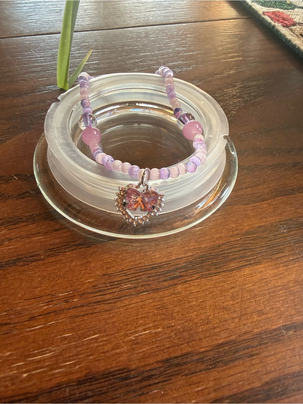Lavender Beaded Heart Pendant Bracelet - Unbranded